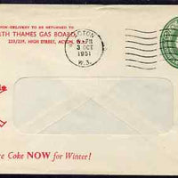 Great Britain 1951 1.5d KG6 printed window envelope from North Thames Gas Board