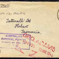 Australia 1945 Australian Imperial Forces cachet on Airmail cover to Tasmania