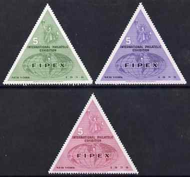 Cinderella - United States 1956 FIPEX International Philatelic Exhibition set of 3 triangular perf labels mounted mint