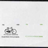 Cinderella - Great Britain 1989 Clacton Cycle Mail imperf composite proof of 10p label in black showing the Raleigh Roadster plus similar proof alongside showing text only in green unmounted mint