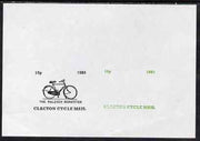 Cinderella - Great Britain 1989 Clacton Cycle Mail imperf composite proof of 10p label in black showing the Raleigh Roadster plus similar proof alongside showing text only in green unmounted mint