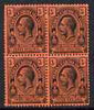 Turks & Caicos Islands 1913 KG5 3s black on red block of 4 mounted mint, SG 139