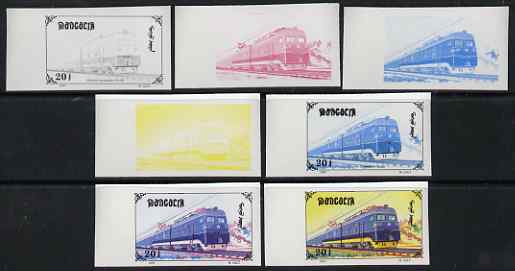 Mongolia 1997 Railway Locomotives 20t Electric Loco LV-80 the set of 7 imperf progressive proofs comprising the 4 individual colours plus 2, 3 and all 4-colour composites unmounted mint, as SG 2589