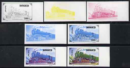 Mongolia 1997 Railway Locomotives 300t FDP Steam Loco Lass the set of 7 imperf progressive proofs comprising the 4 individual colours plus 2, 3 and all 4-colour composites unmounted mint, as SG 2593