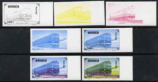 Mongolia 1997 Railway Locomotives 500t Diesel Loco T6-106 the set of 7 imperf progressive proofs comprising the 4 individual colours plus 2, 3 and all 4-colour composites unmounted mint, as SG 2596