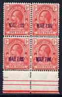 Turks & Caicos Islands 1917 KG5 War Tax 1d red opt at bottom block of 4, lower left stamp with W partly missing unmounted mint SG 140var