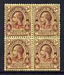 Turks & Caicos Islands 1918 KG5 War Tax 3d purple on yellow opt in red, block of 4 lower right stamp with WAR virtually omitted, unmounted mint SG 145var