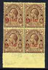 Turks & Caicos Islands 1918 KG5 War Tax 3d purple on yellow opt in red, marginal block of 4 unmounted mint SG 145var