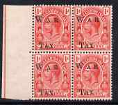 Turks & Caicos Islands 1919 KG5 War Tax 1d scarlet block of 4, upper left stamp clearly showing the W doubled, unmounted mint SG 152var