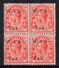 Turks & Caicos Islands 1919 KG5 War Tax 1d scarlet block of 4, upper left stamp showing signs of doubling (W, A & X), unmounted mint SG 152var