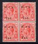 Turks & Caicos Islands 1919 KG5 War Tax 1d scarlet block of 4, upper left stamp showing signs of doubling (W, A & X), unmounted mint SG 152var