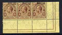 Turks & Caicos Islands 1917 KG5 War Tax 3d purple on yellow opt at top, corner strip of 3 with opt shifted upwards, touching top perfs, unmounted mint SG 144var