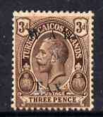 Turks & Caicos Islands 1919 KG5 War Tax 3d purple on orange-buff with watermark inverted & reversed unused (without gum) SG 153y