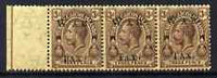 Turks & Caicos Islands 1919 KG5 War Tax 3d purple on orange-buff marginal strip of 3 with watermark inverted & reversed unmounted mint SG 153y