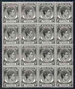 Malaya - Penang 1949-52 KG6 1c black block of 16 (4x4) unmounted mint, SG3