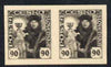 Czechoslovakia 1920 Hussite 90h imperf colour trial proof pair in black on thin card