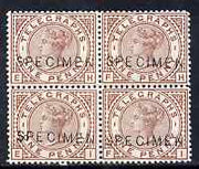 Great Britain 1876 QV Telegraph 1d brown plate 1 unmounted mint block of 4 each overprinted SPECIMEN, SG L202s, a scarce and beautiful block