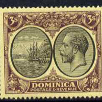 Dominica 1923-33 KG5 Badge 3s black & purple on yellow Scrpt CA mounted mint SG 86