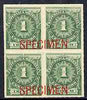Uruguay 1888 Numeral 1c green block of 4 opt'd SPECIMEN across each pair of stamps, unmounted mint from ABNCo archive sheet, as SG 100