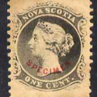 Nova Scotia 1863 QV 1c grey-black with SPECIMEN overprint in red in an arc - believed to be a forgery by the Senf Brothers with the overprint being attributed to Fournier