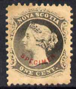 Nova Scotia 1863 QV 1c grey-black with SPECIMEN overprint in red in an arc - believed to be a forgery by the Senf Brothers with the overprint being attributed to Fournier
