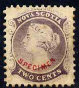 Nova Scotia 1863 QV 2c purple with SPECIMEN overprint in red in an arc - believed to be a forgery by the Senf Brothers with the overprint being attributed to Fournier