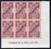 Turkey 1980's Stamp Duty 5 Lira red & blue corner block of 6 with Thomas De La Rue imprint, each stamp overprinted Numune (Specimen) unmounted mint ex De La Rue archives