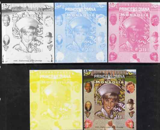 Mongolia 2007 Tenth Death Anniversary of Princess Diana 350f imperf m/sheet #13 with Churchill, Kennedy, Mandela, Roosevelt & Butterflies in background, the set of 5 progressive proofs comprising the 4 individual colours plus all ……Details Below