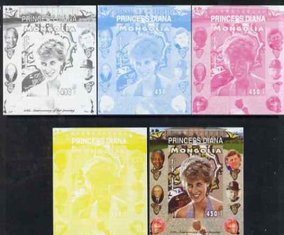 Mongolia 2007 Tenth Death Anniversary of Princess Diana 450f imperf m/sheet #18 with Churchill, Kennedy, Mandela, Roosevelt & Butterflies in background, the set of 5 progressive proofs comprising the 4 individual colours plus all ……Details Below