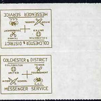 Cinderella - Great Britain 1996 Colchester & District Messenger Service rouletted label (gold on white) showing Football, Tennis, Cricket & Bicycle, tete-beche pair printed on gummed side