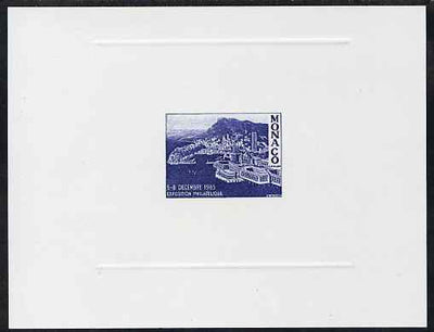 Monaco 1985 die proof in blue on sunken card for Philatelic Exhibition label