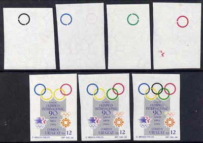 Uruguay 1985 International Olympic Committee 12p set of 7 imperf progressive proofs comprising various single & multi colour composites on gummed watermarked paper, as SG 1849