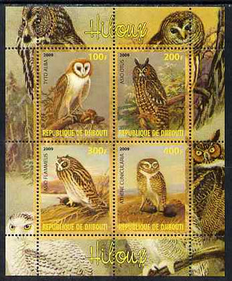 Djibouti 2009 Owls perf sheetlet containing 4 values unmounted mint