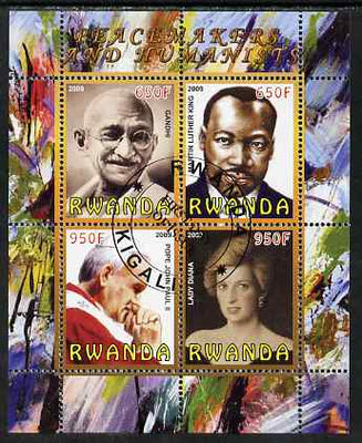 Rwanda 2009 Peacemakers & Humanists #1 perf sheetlet containing 4 values (Gandhi, Martin Luther King, Pope John Paul & Diana) fine cto used