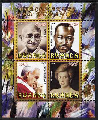 Rwanda 2009 Peacemakers & Humanists #1 perf sheetlet containing 4 values (Gandhi, Martin Luther King, Pope John Paul & Diana) unmounted mint