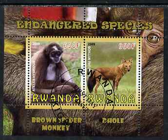 Rwanda 2009 Endangered Species - Spider Monkey & Dhole perf sheetlet containing 2 values fine cto used