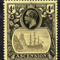 Ascension 1924-33 KG5 Badge 4d grey-black & black on yellow single with variety 'Bottom vignette frame line broken twice' (stamp 24) mtd mint SG 15var