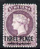 St Helena 1884-94 QV Crown CA 3d deep reddish-lilac wmk reversed showing horiz line in circle at 8 o'clock and weak upper frame line (Position R6/7) mounted mint SG 42wvar