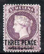 St Helena 1884-94 QV Crown CA 3d deep reddish-lilac wmk reversed showing horiz line in circle at 8 o'clock and weak upper frame line (Position R6/7) mounted mint SG 42wvar