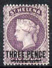 St Helena 1884-94 QV Crown CA 3d deep reddish-lilac showing vert guide line in circle at 3 o'clock and line in left square (Probably position R2/4) mounted mint SG 42var