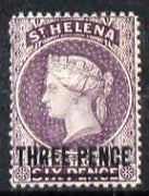 St Helena 1884-94 QV Crown CA 3d deep reddish-lilac showing vert guide line in circle at 3 o'clock and line in left square (Probably position R2/4) mounted mint SG 42var
