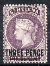 St Helena 1884-94 QV Crown CA 3d deep reddish-lilac showing vert guide line in circle at 3 o'clock and line in left square (Probably position R2/4) mounted mint SG 42var
