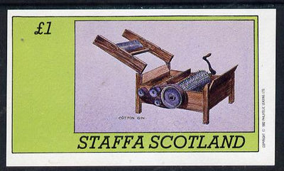 Staffa 1982 Inventions (Cotton Gin) imperf souvenir sheet (£1 value) unmounted mint