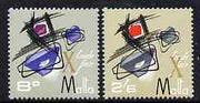 Malta 1966 Trade Fair 2s6d with gold printing misplaced (X appears over Trade Fair) plus 8d as normal, both unmounted mint, SG 375var