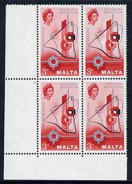 Malta 1958 Technical Education 3d corner block of 4, one stamp with 'Retouch by value' R6/1 unmounted mint, SG 287var