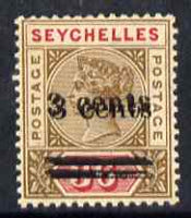 Seychelles 1901 QV surcharged 3c on 36c brown & carmine with surcharge doubled, mounted mint and gum toned, SG 39a cat £750