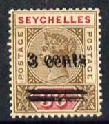 Seychelles 1901 QV surcharged 3c on 36c brown & carmine with surcharge doubled, mounted mint and gum toned, SG 39a cat £750