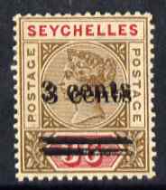 Seychelles 1901 QV surcharged 3c on 36c brown & carmine with surcharge doubled, mounted mint and gum toned, SG 39a cat £750