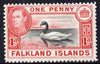 Falkland Islands 1938-50 KG6 Black-necked Swan 1d black & carmine mounted mint, SG 147