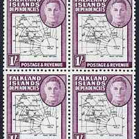 Falkland Islands Dependencies 1946-49 KG6 Thick Maps 1s block of 4, one stamp with broken Arc and one with broken O in South (Positions 9, 10, 19 & 20) unmounted mint SG G8var